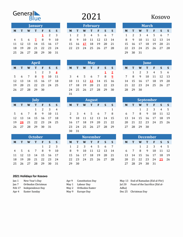 Printable Calendar 2021 with Kosovo Holidays (Monday Start)