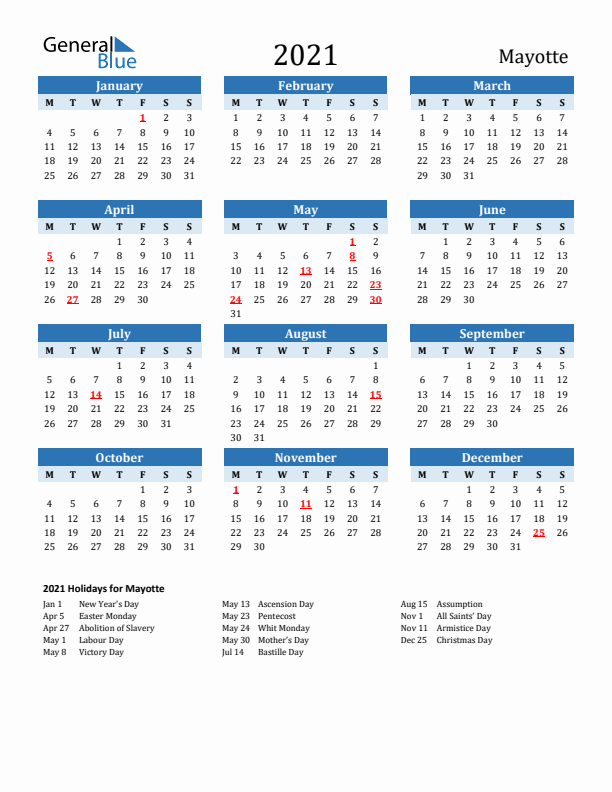 Printable Calendar 2021 with Mayotte Holidays (Monday Start)