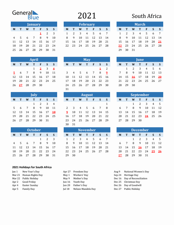Printable Calendar 2021 with South Africa Holidays (Monday Start)