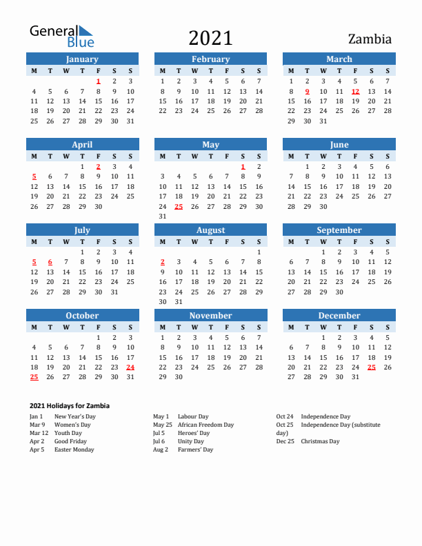 Printable Calendar 2021 with Zambia Holidays (Monday Start)
