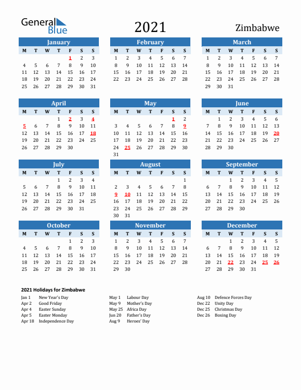 Printable Calendar 2021 with Zimbabwe Holidays (Monday Start)