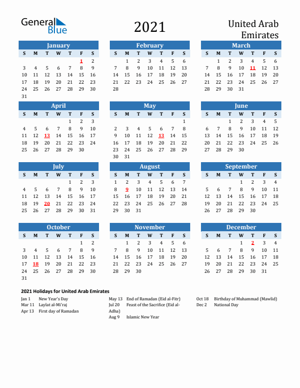 Printable Calendar 2021 with United Arab Emirates Holidays (Sunday Start)