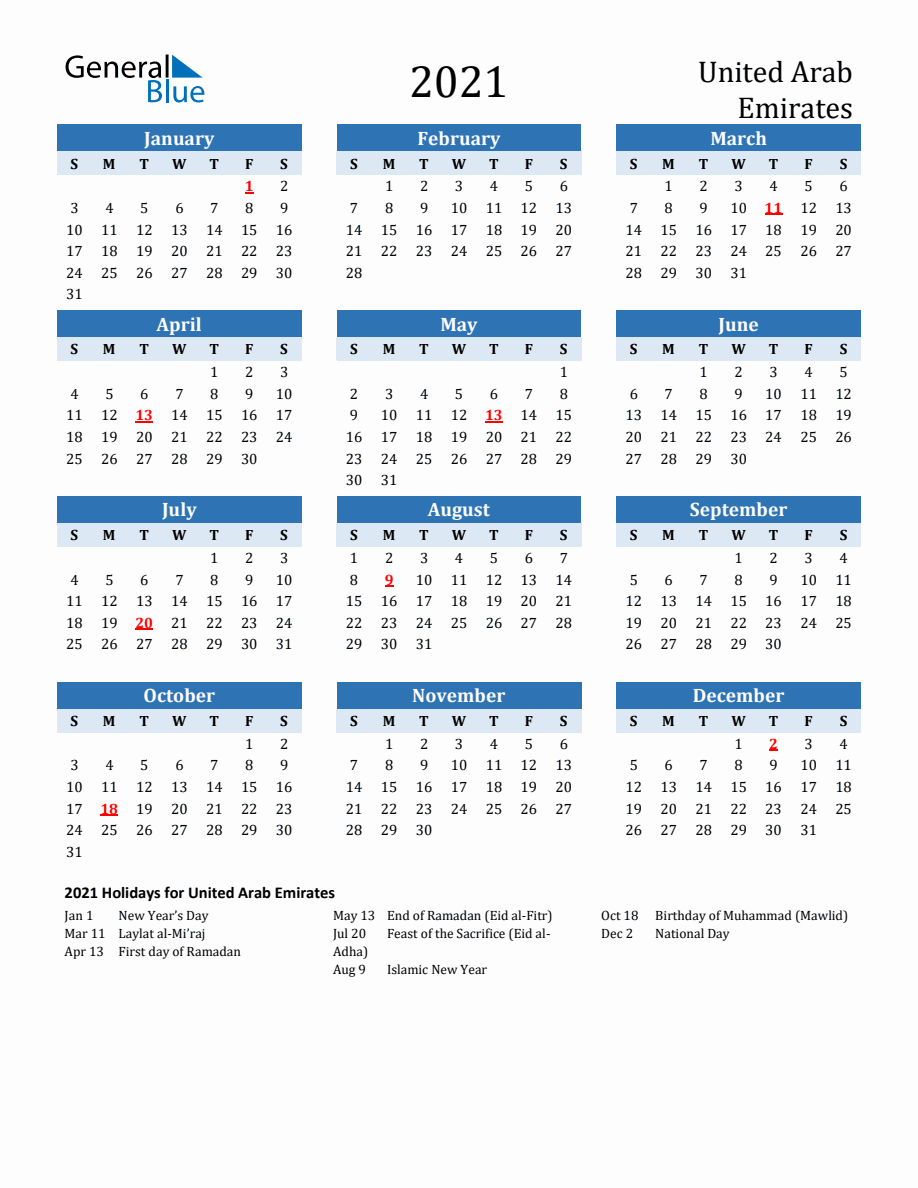2021 Printable Calendar with United Arab Emirates Holidays