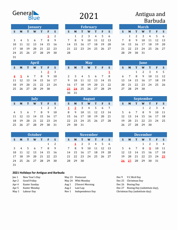 Printable Calendar 2021 with Antigua and Barbuda Holidays (Sunday Start)