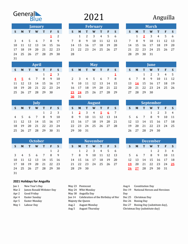 Printable Calendar 2021 with Anguilla Holidays (Sunday Start)