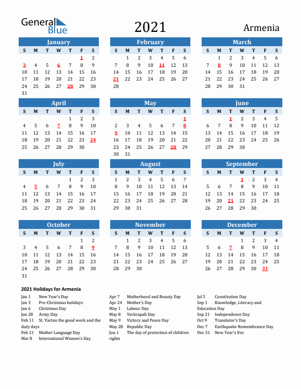 Printable Calendar 2021 with Armenia Holidays (Sunday Start)