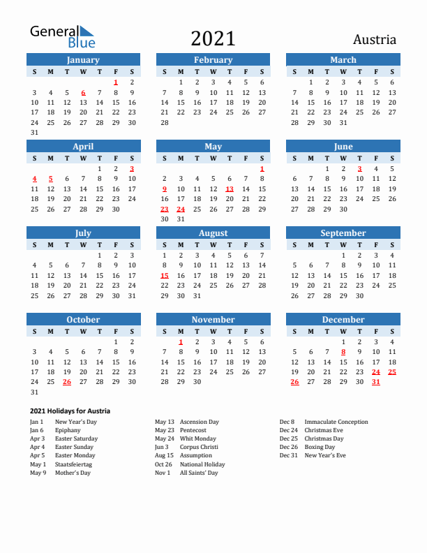Printable Calendar 2021 with Austria Holidays (Sunday Start)