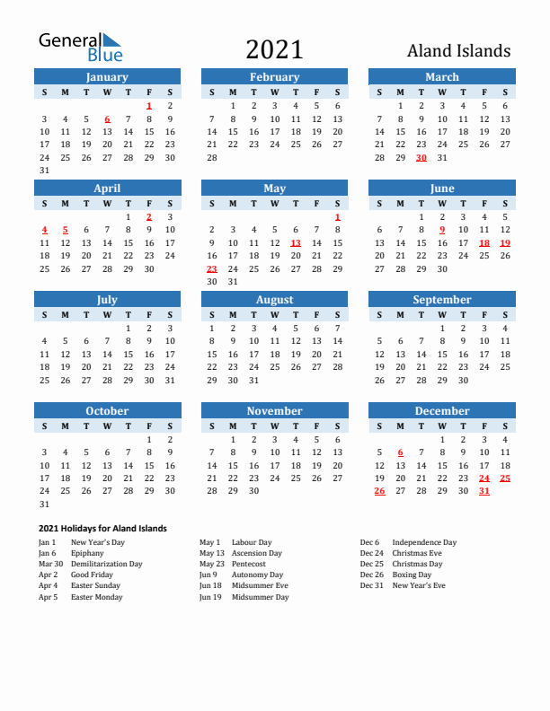 Printable Calendar 2021 with Aland Islands Holidays (Sunday Start)