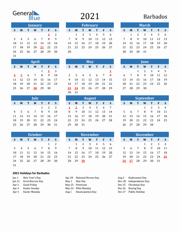 Printable Calendar 2021 with Barbados Holidays (Sunday Start)