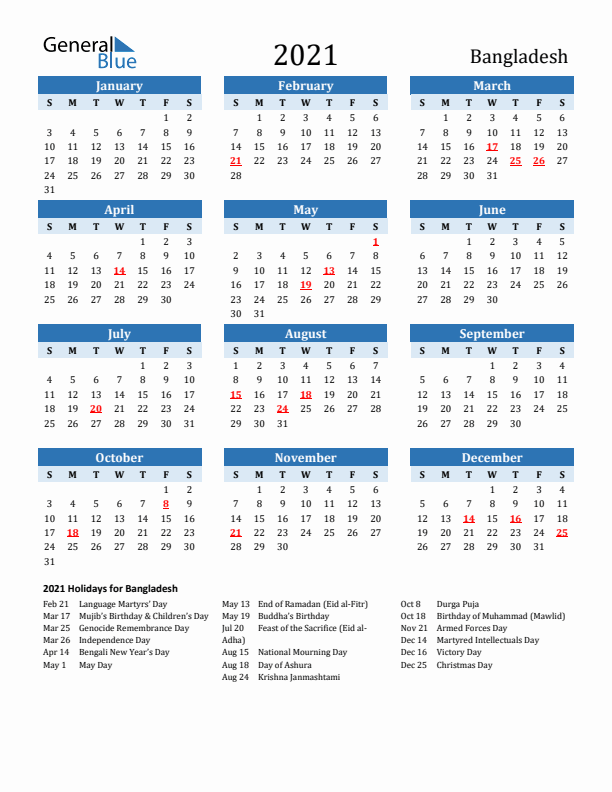 Printable Calendar 2021 with Bangladesh Holidays (Sunday Start)