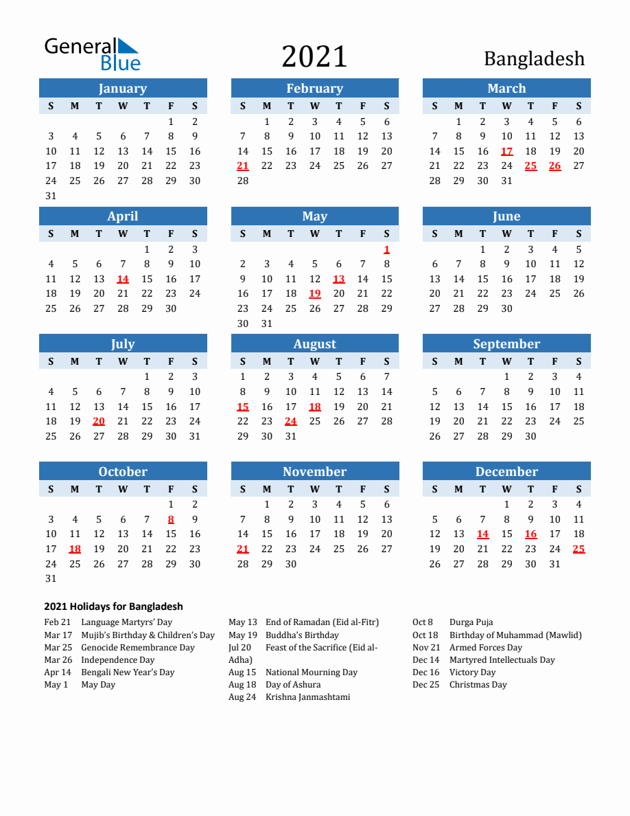 2021 Printable Calendar with Bangladesh Holidays