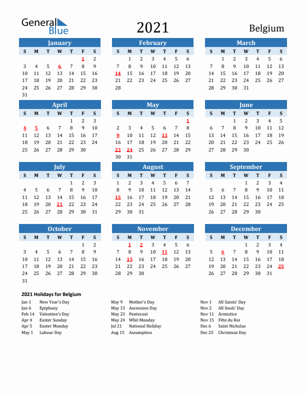 Printable Calendar 2021 with Belgium Holidays (Sunday Start)