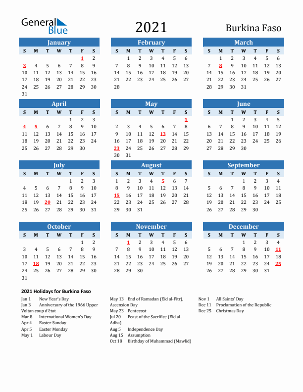 Printable Calendar 2021 with Burkina Faso Holidays (Sunday Start)