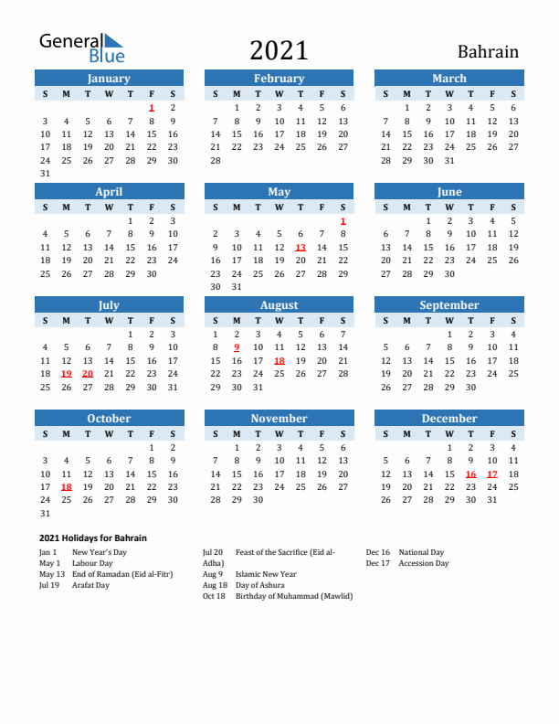Printable Calendar 2021 with Bahrain Holidays (Sunday Start)