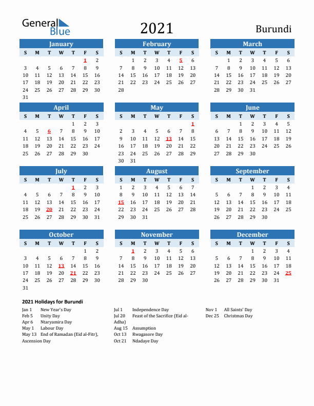 Printable Calendar 2021 with Burundi Holidays (Sunday Start)