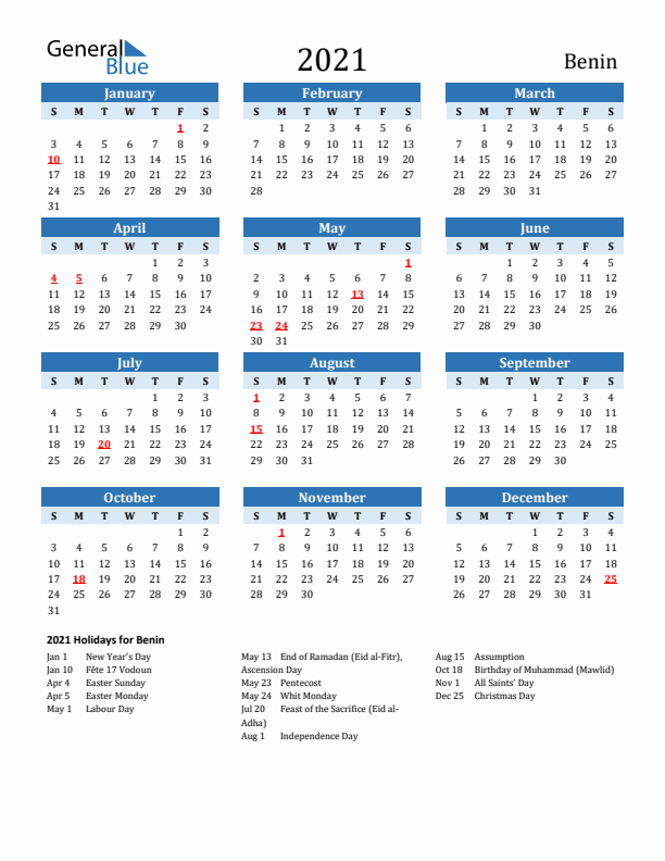 Printable Calendar 2021 with Benin Holidays (Sunday Start)