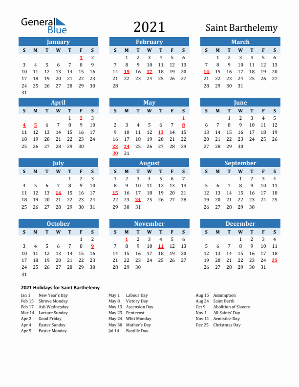Printable Calendar 2021 with Saint Barthelemy Holidays (Sunday Start)