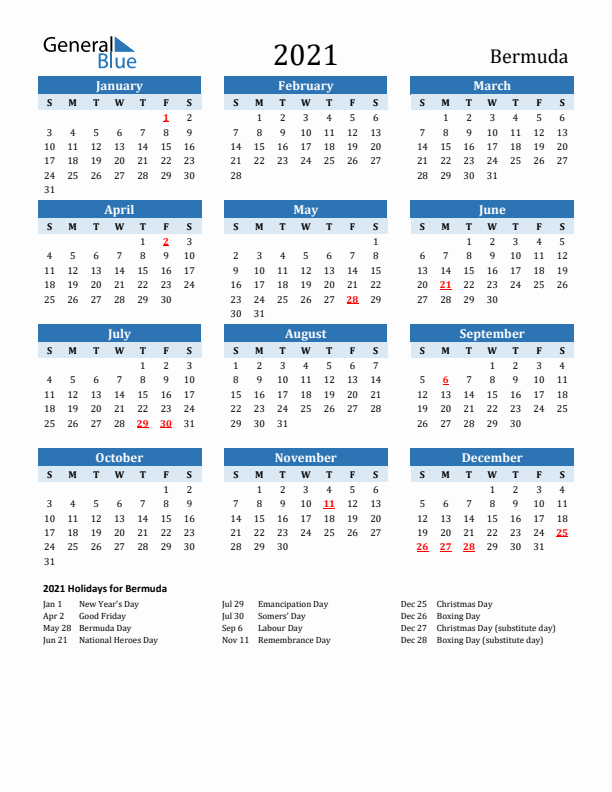 Printable Calendar 2021 with Bermuda Holidays (Sunday Start)
