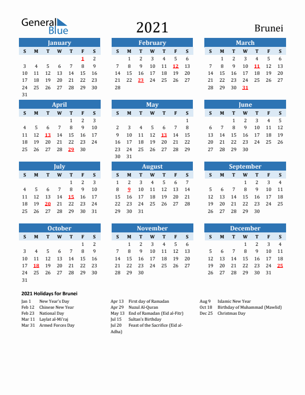 Printable Calendar 2021 with Brunei Holidays (Sunday Start)