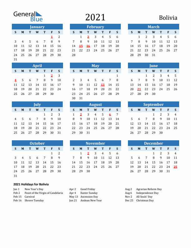 Printable Calendar 2021 with Bolivia Holidays (Sunday Start)