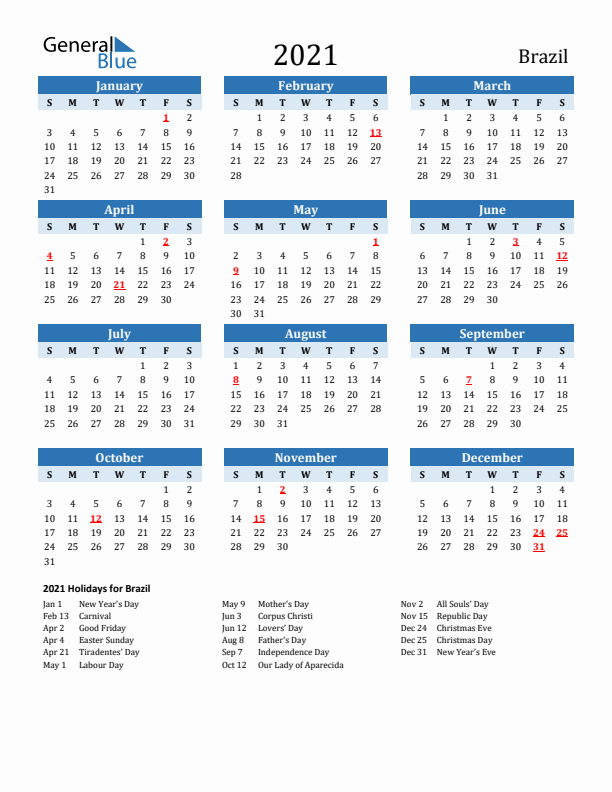Printable Calendar 2021 with Brazil Holidays (Sunday Start)