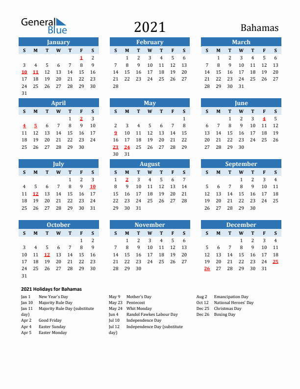 Printable Calendar 2021 with Bahamas Holidays (Sunday Start)