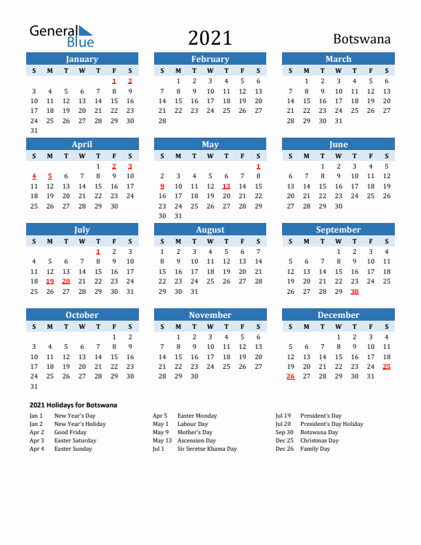 Printable Calendar 2021 with Botswana Holidays (Sunday Start)