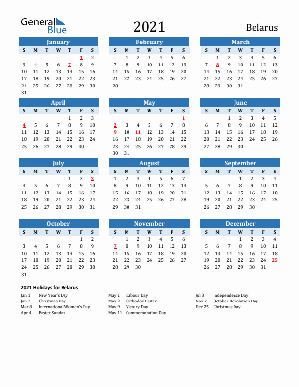 Printable Calendar 2021 with Belarus Holidays (Sunday Start)