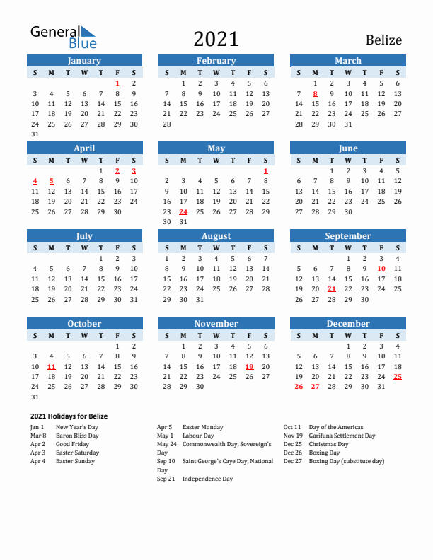 Printable Calendar 2021 with Belize Holidays (Sunday Start)
