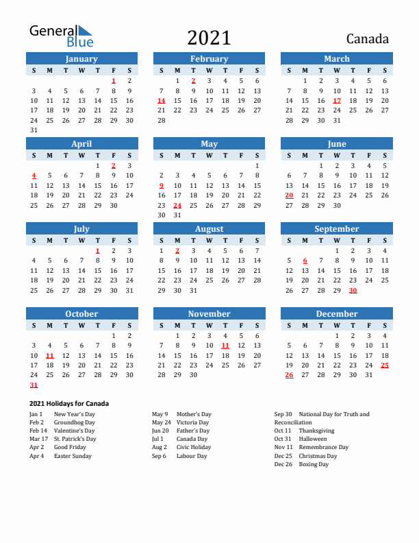 Printable Calendar 2021 with Canada Holidays (Sunday Start)