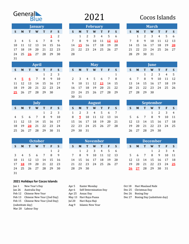 Printable Calendar 2021 with Cocos Islands Holidays (Sunday Start)