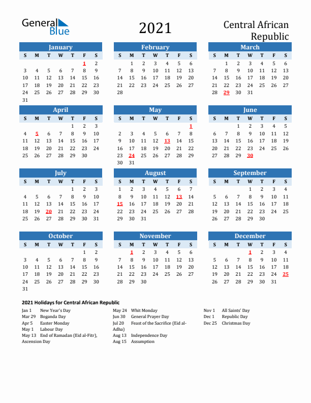 Printable Calendar 2021 with Central African Republic Holidays (Sunday Start)