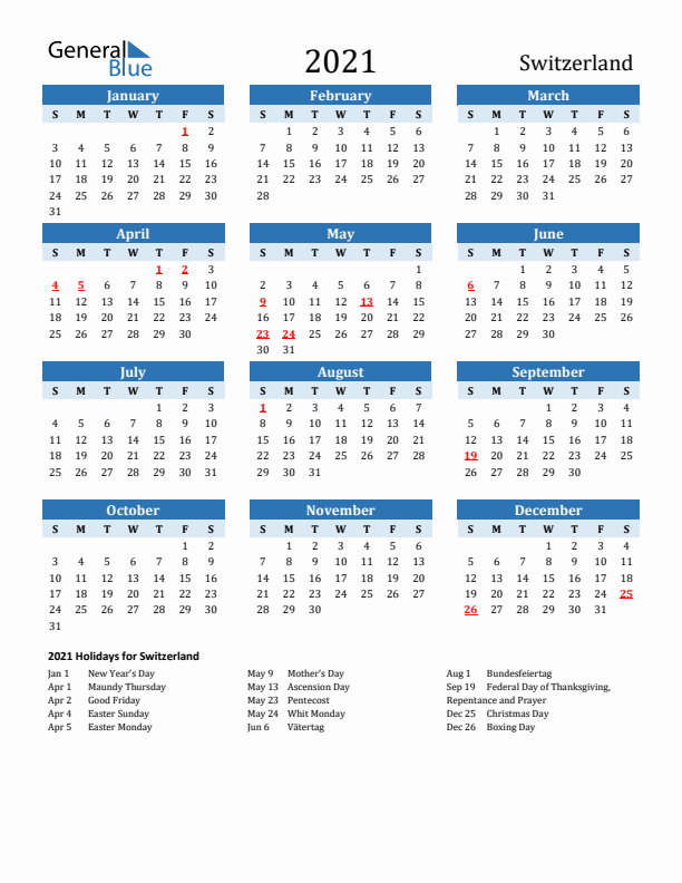 Printable Calendar 2021 with Switzerland Holidays (Sunday Start)