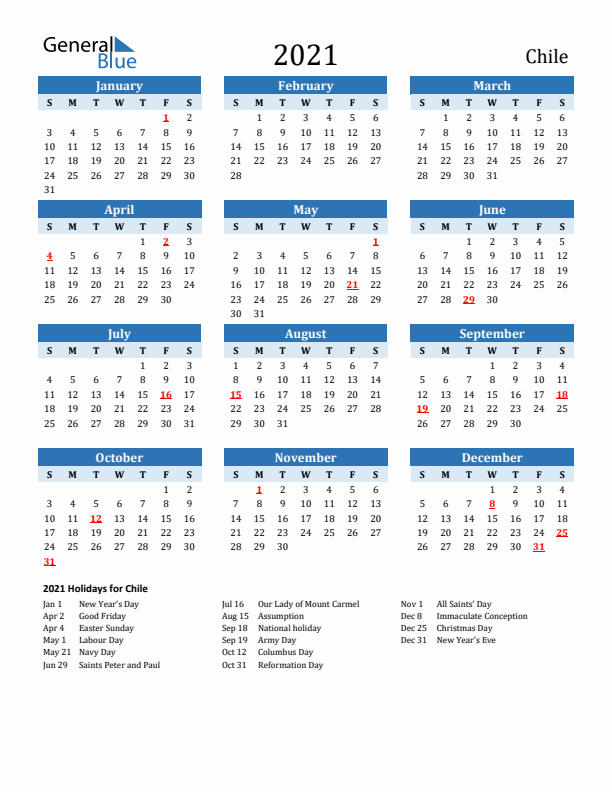Printable Calendar 2021 with Chile Holidays (Sunday Start)
