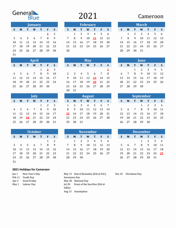 Printable Calendar 2021 with Cameroon Holidays (Sunday Start)