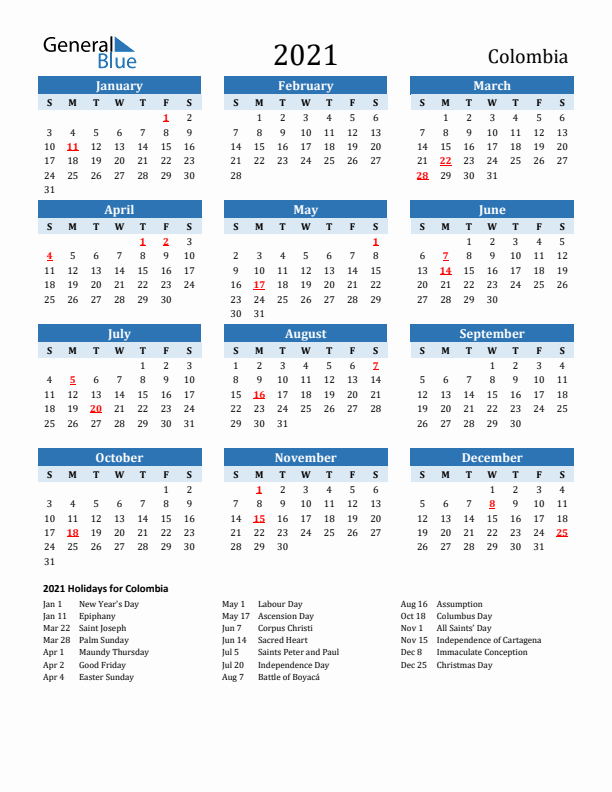 Printable Calendar 2021 with Colombia Holidays (Sunday Start)