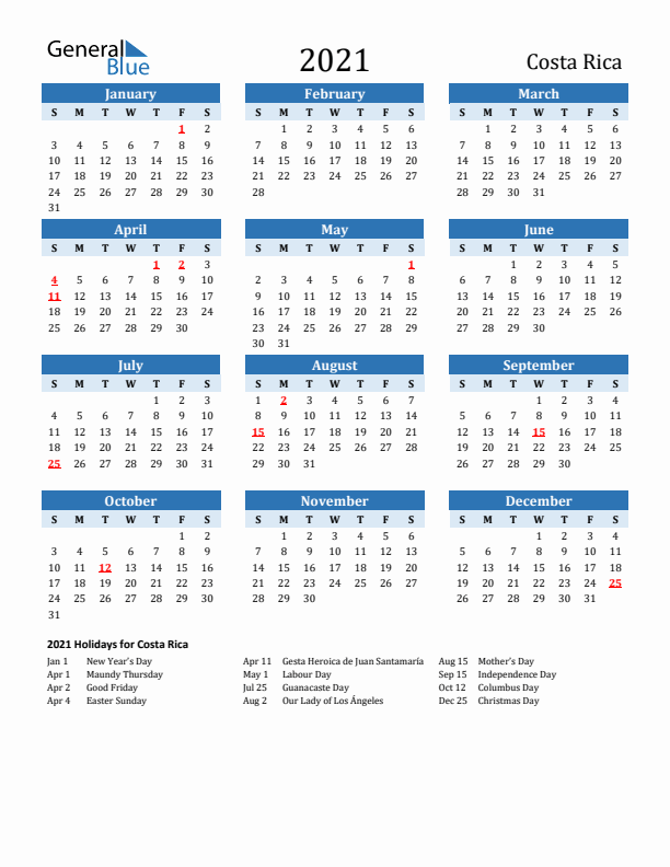 Printable Calendar 2021 with Costa Rica Holidays (Sunday Start)