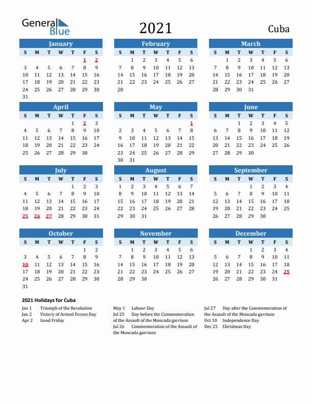 Printable Calendar 2021 with Cuba Holidays (Sunday Start)