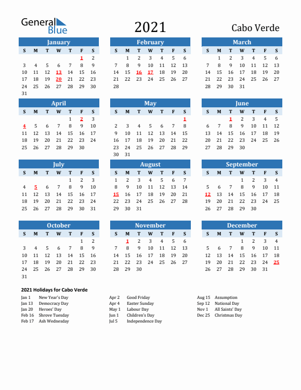 Printable Calendar 2021 with Cabo Verde Holidays (Sunday Start)