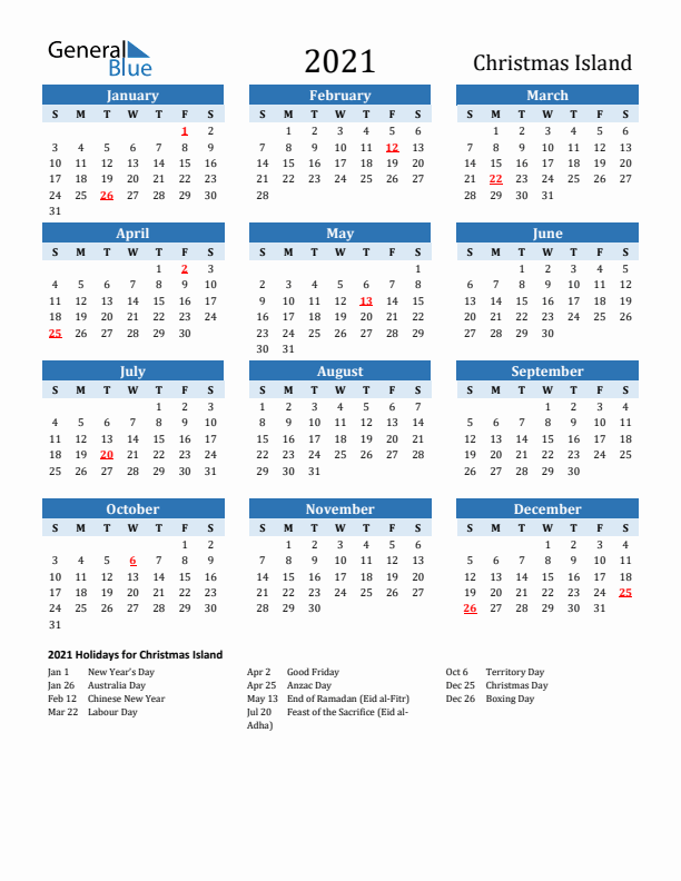 Printable Calendar 2021 with Christmas Island Holidays (Sunday Start)