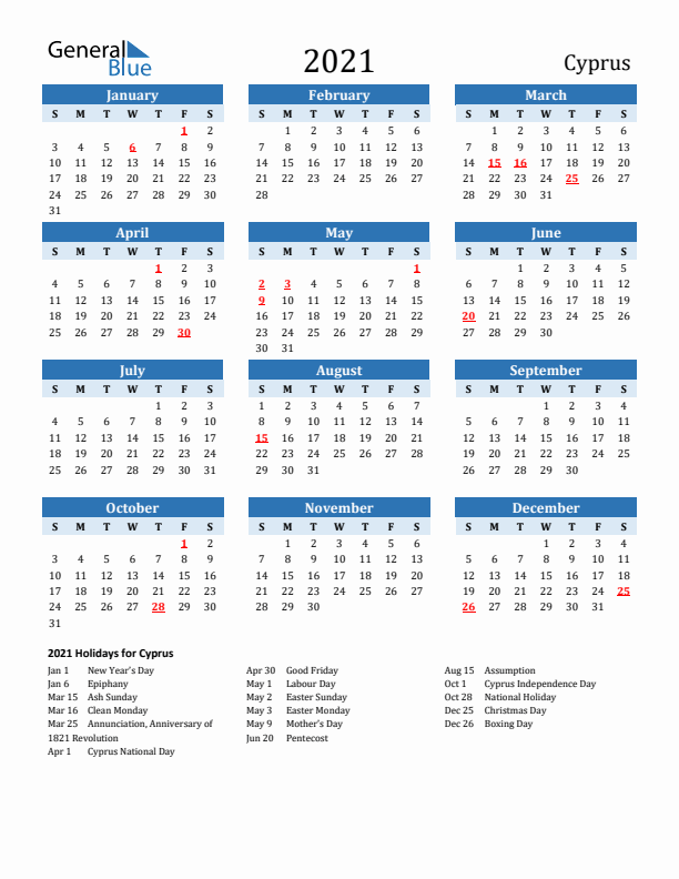 Printable Calendar 2021 with Cyprus Holidays (Sunday Start)