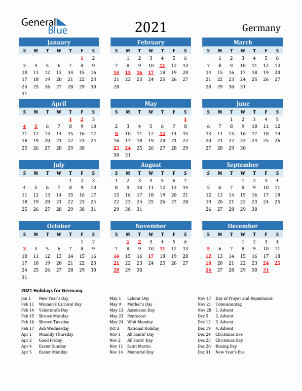 Printable Calendar 2021 with Germany Holidays (Sunday Start)