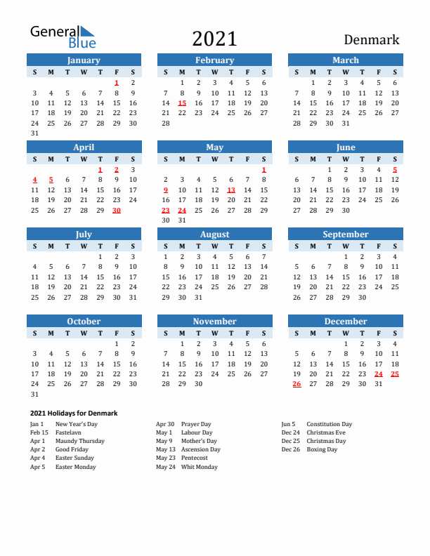Printable Calendar 2021 with Denmark Holidays (Sunday Start)