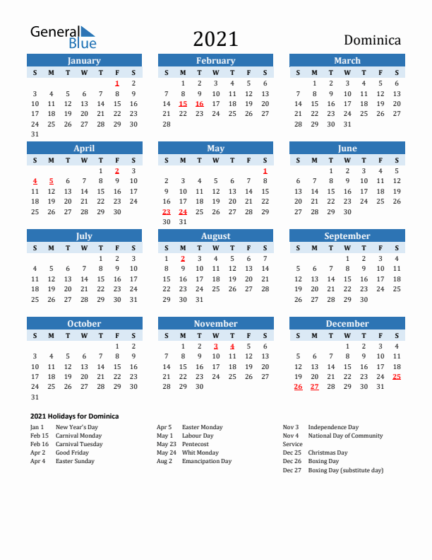 Printable Calendar 2021 with Dominica Holidays (Sunday Start)