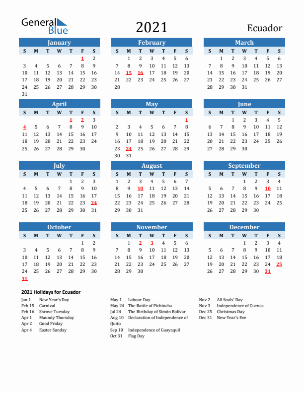 Printable Calendar 2021 with Ecuador Holidays (Sunday Start)