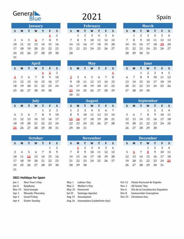 Printable Calendar 2021 with Spain Holidays (Sunday Start)