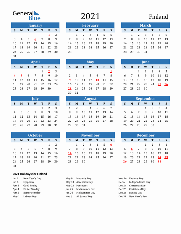 Printable Calendar 2021 with Finland Holidays (Sunday Start)