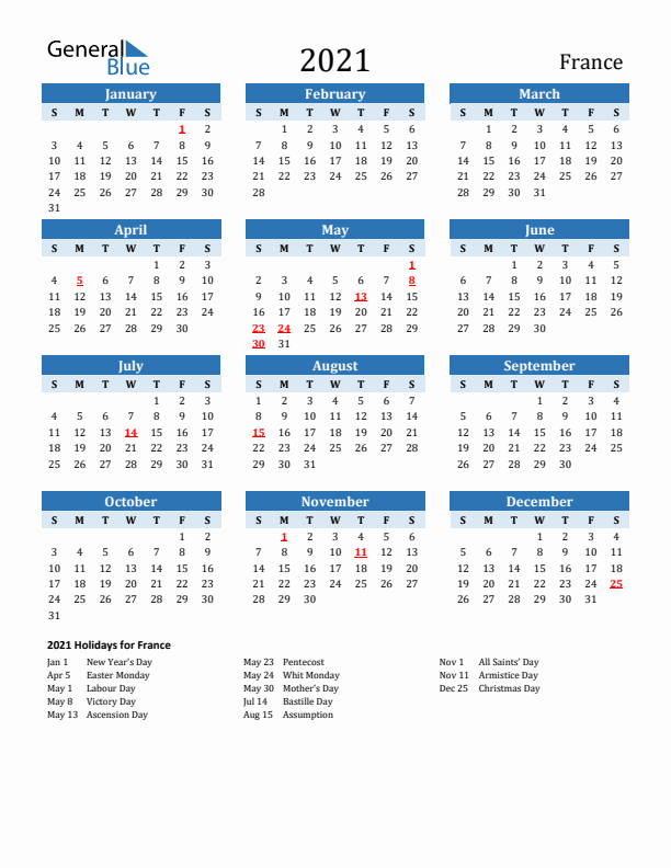 Printable Calendar 2021 with France Holidays (Sunday Start)