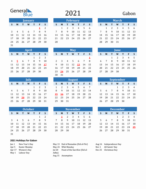 Printable Calendar 2021 with Gabon Holidays (Sunday Start)