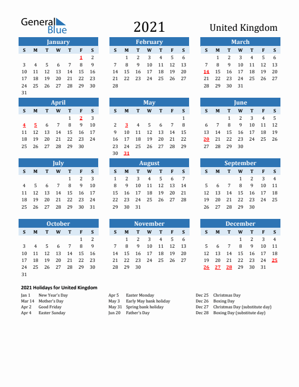 Printable Calendar 2021 with United Kingdom Holidays (Sunday Start)